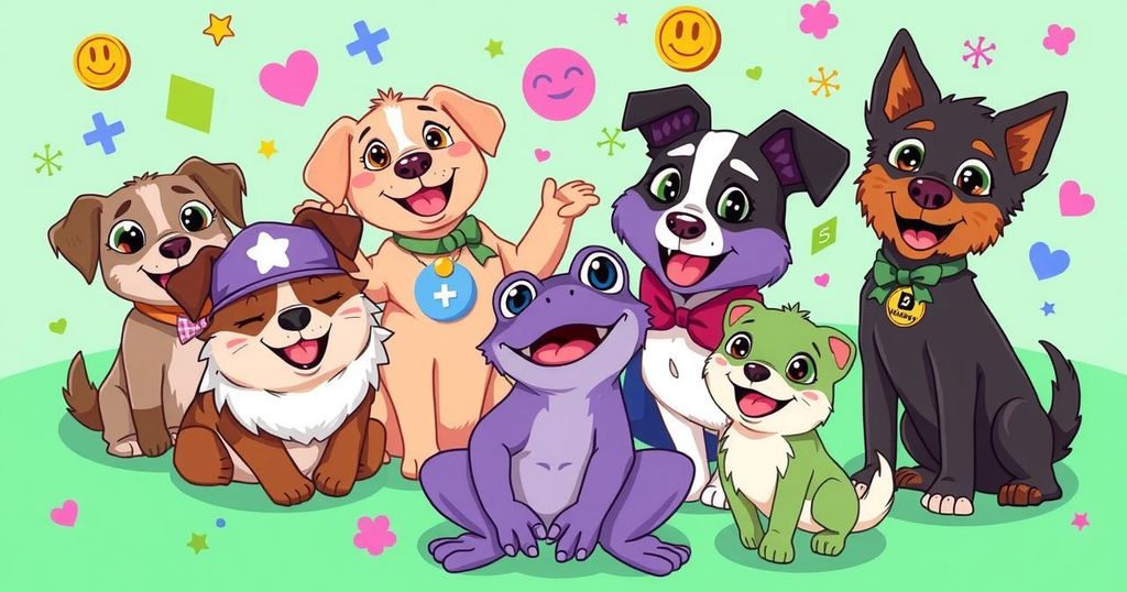 A vibrant digital art piece featuring cartoon-style animals representing popular meme coins.