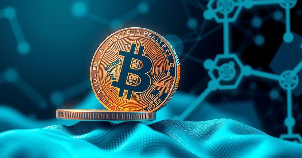 A digital representation of Bitcoin stabilizing around a high value with a futuristic style and blue-green colour scheme.