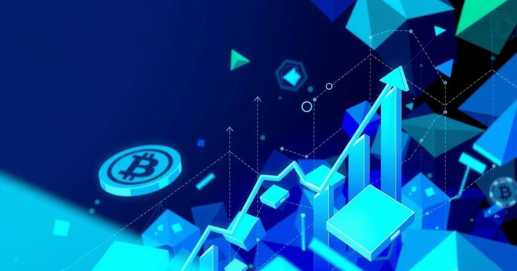 A graphical representation of rising cryptocurrency trends with abstract patterns and vibrant blues and greens.
