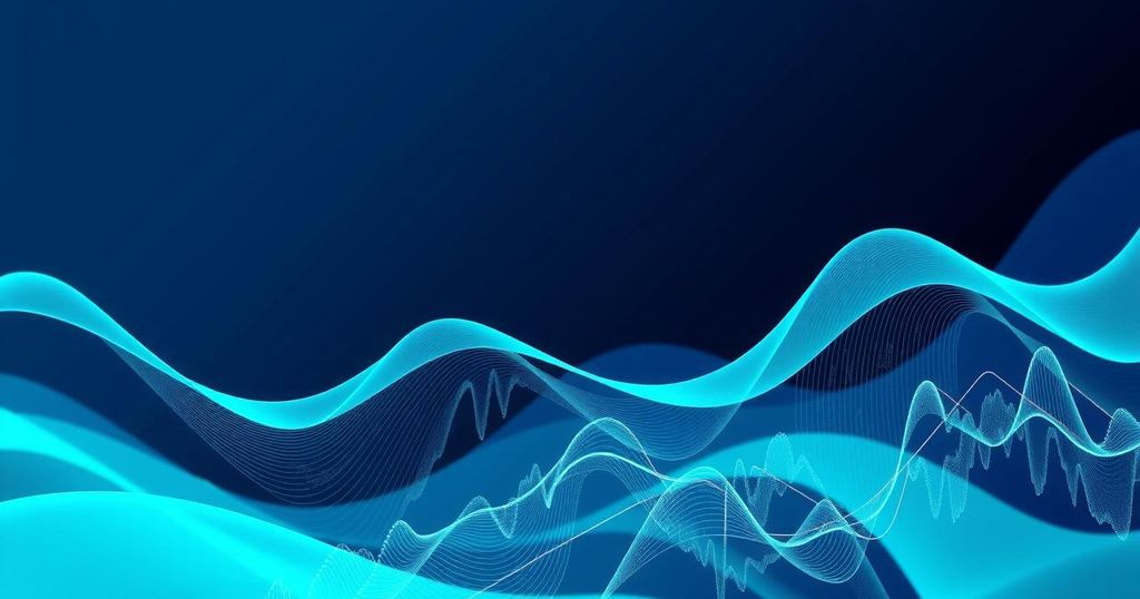 An abstract representation of Ethereum's fluctuating market with digital graphs in blue and green tones.
