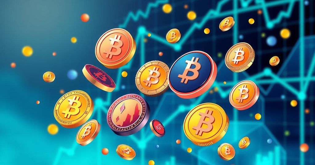 A vibrant digital representation of cryptocurrency tokens on a blockchain background, showcasing themes of investment and technology.