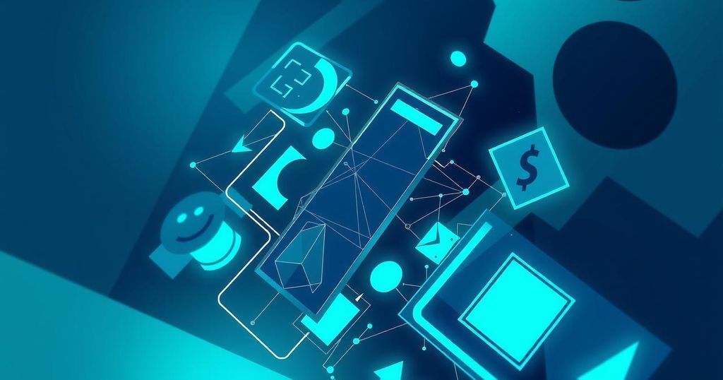 A digital artwork of abstract symbols representing cryptocurrency, set in a cool blue-green palette with geometric shapes.