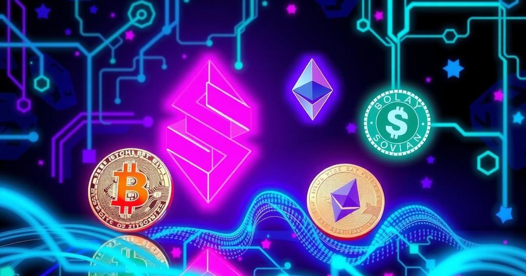 A vibrant digital representation of cryptocurrency symbols against a dark background with energetic colours.