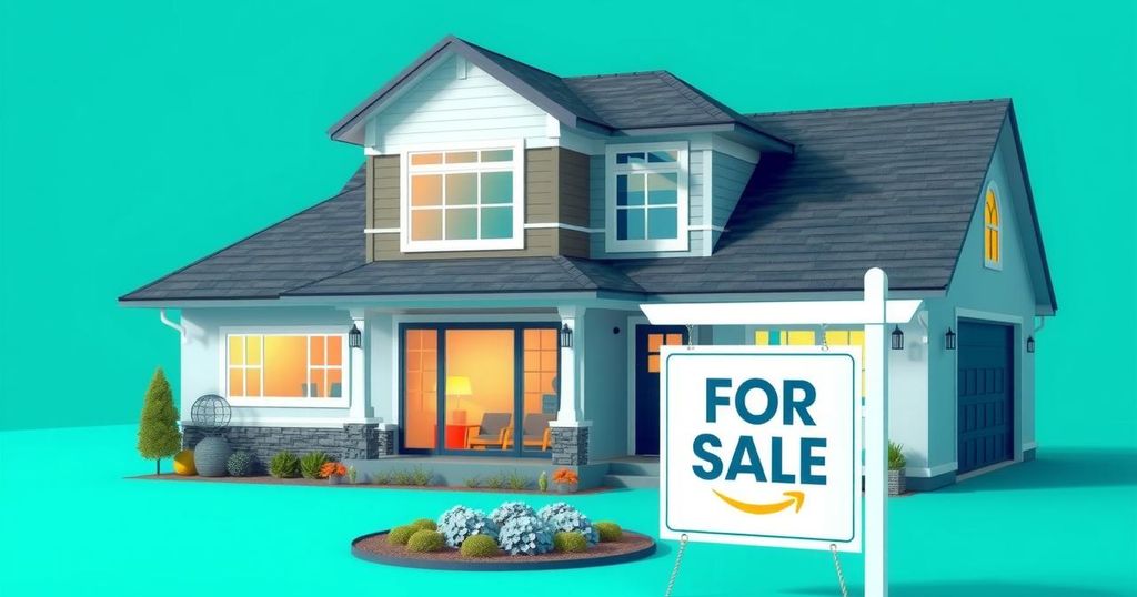 A stylish, modern house with a cryptocurrency symbol design on a for sale sign in vibrant colours.