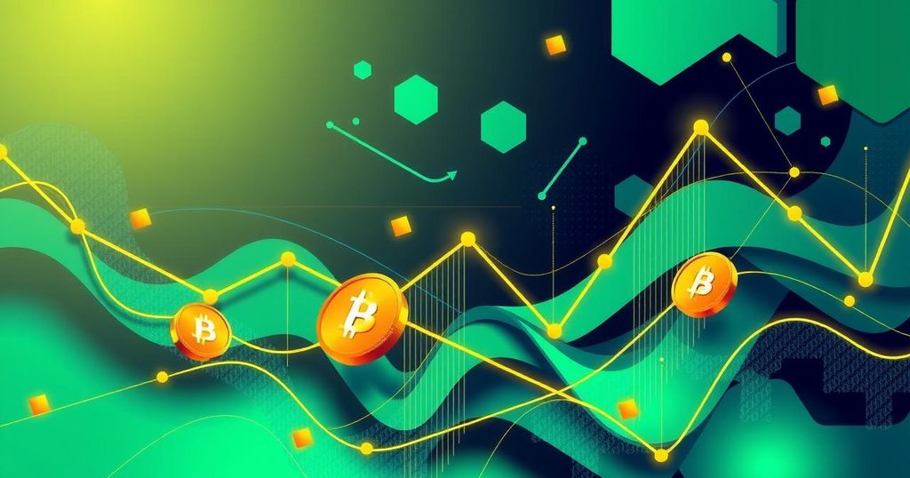 A digital abstract representation of cryptocurrency trends with vibrant colours reflecting market optimism and dynamics.