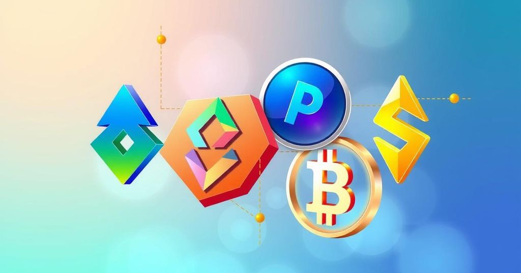 A digital illustration of four distinct cryptocurrencies symbolising innovation, growth, and strategic investment in a vibrant colour scheme.