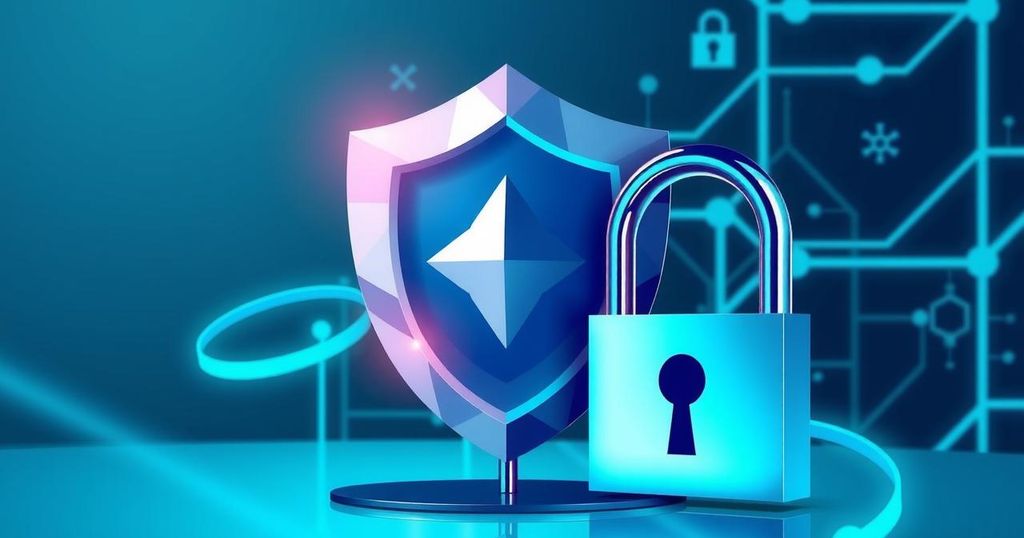 A digital illustration representing internet security and cryptocurrency protection with shield and lock motifs.