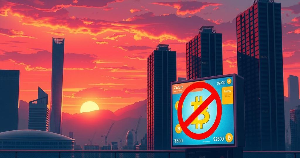 A city skyline with a prohibition symbol over a cryptocurrency kiosk, reflecting Spokane's ban on crypto kiosks.
