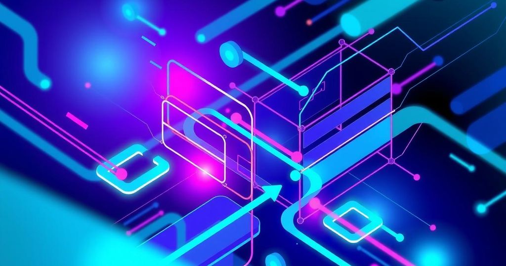 Blockchain platform with abstract geometric shapes in tech-inspired colours representing innovation and disruption