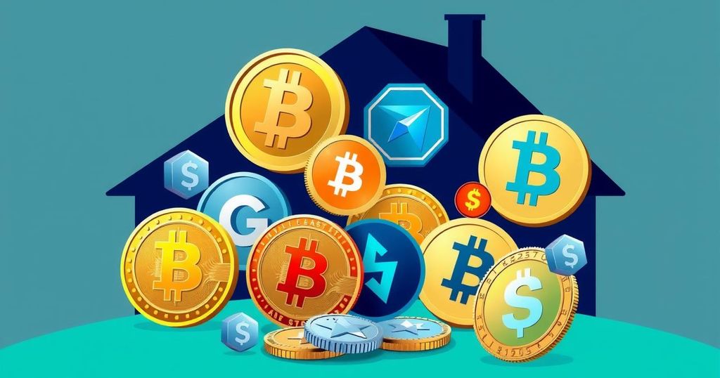 Iconic representation of cryptocurrency symbols amidst a backdrop of a house, illustrating the potential integration in finance.
