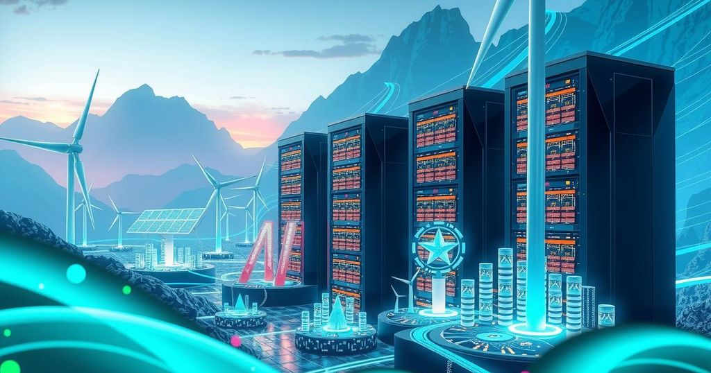 A digital infrastructure scene featuring data centers and renewable energy sources supporting AI and cryptocurrency.
