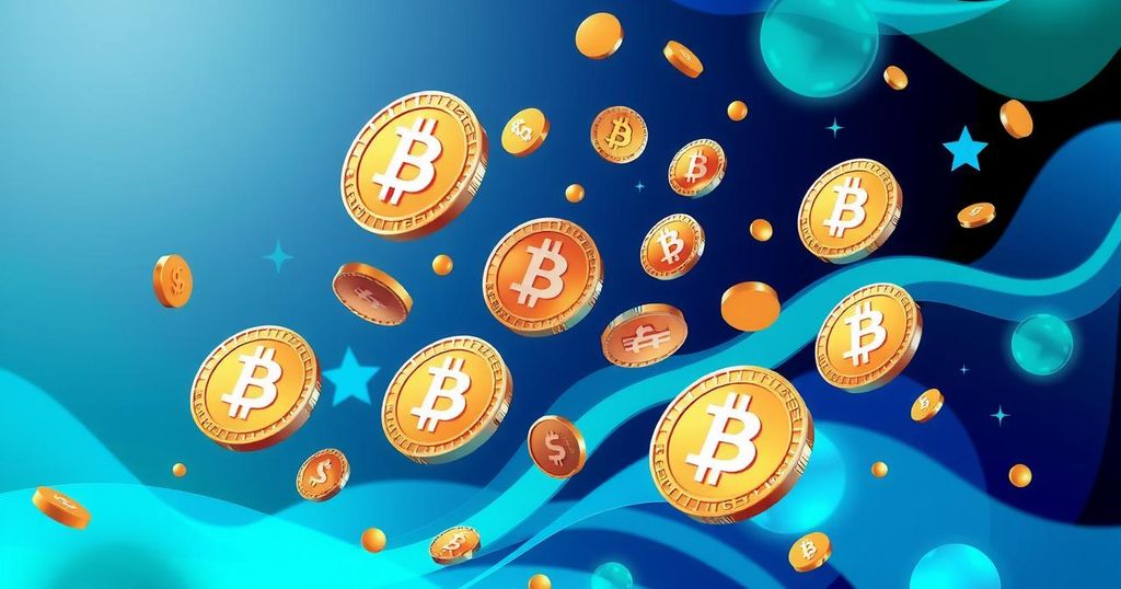 A modern digital illustration of cryptocurrency symbols and coins, showcasing market expansion in a vibrant colour palette.
