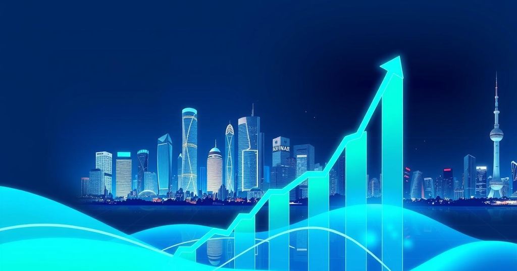 Digital artwork of a cryptocurrency graph showing upward trends with a futuristic city skyline in the background.