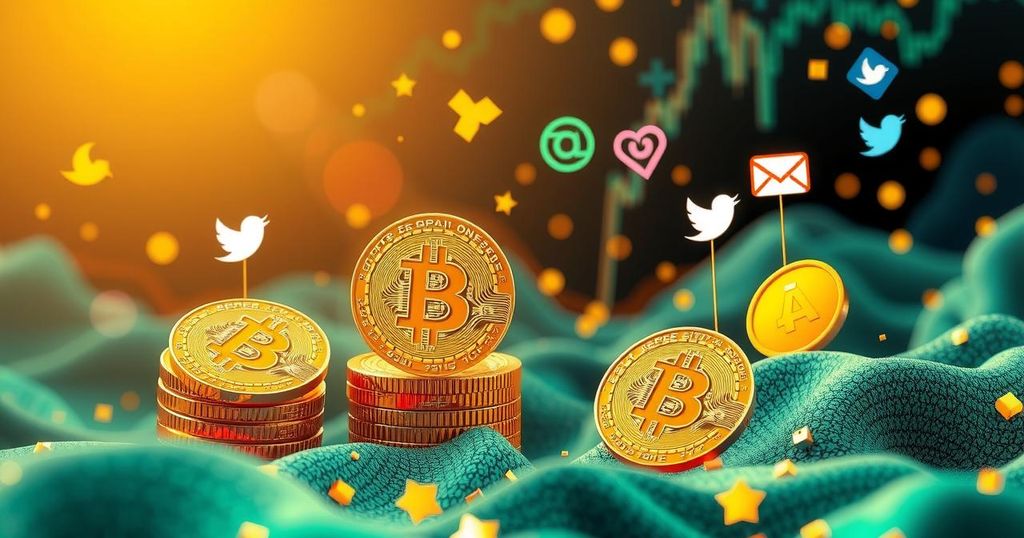 A vibrant crypto landscape with Bitcoin symbols and positive social media icons, showcasing a bullish market mood.