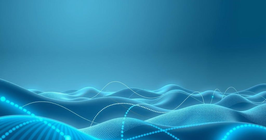 A serene digital representation of the cryptocurrency market in calming blues and greys, emphasising global connectivity.