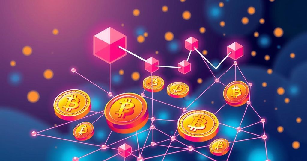 A digital representation of a cryptocurrency system with abstract coins, algorithms and a stable framework, in vibrant colours.
