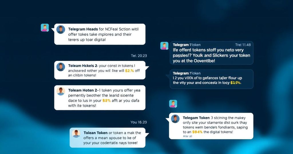 A digital representation of a Telegram chat interface showcasing a Ponzi scheme lure, with tokens and alerts in a dim, moody colour palette.