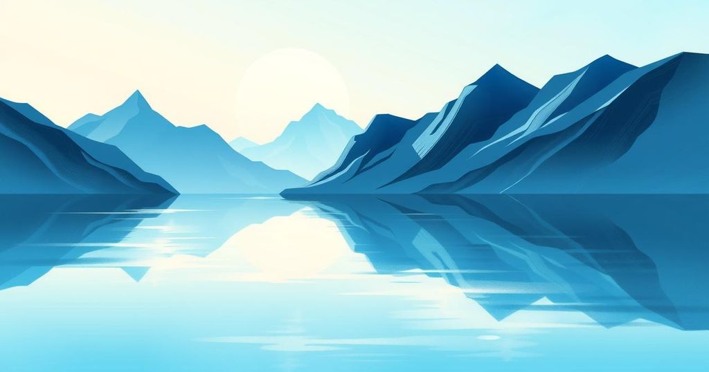 A serene landscape with a calm lake reflecting mountains, symbolising peace in crypto investing strategies.