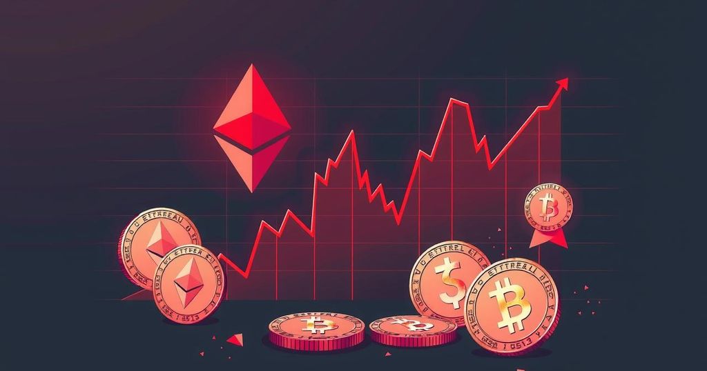 Ethereum price prediction illustration featuring a downward trend in a market chart with crypto symbols and subtle red tones.