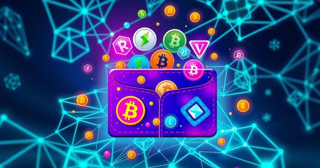 A vibrant digital wallet showcasing cryptocurrency symbols, set against a backdrop of interconnected blockchain networks.