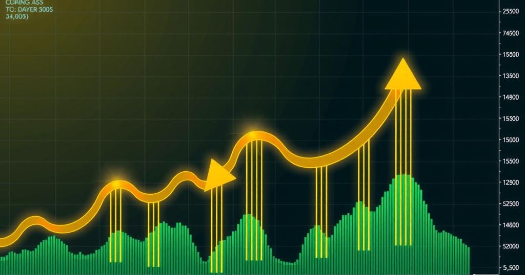 Graph depicting a cryptocurrency trend with upward arrows, golden cross indicators, and green market signals in a modern style.