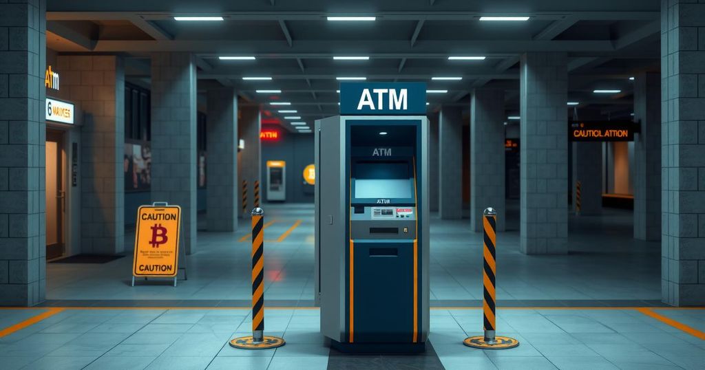 A secure, empty Bitcoin ATM in a public space, hinting at its potential misuse for scams, with caution signs nearby.