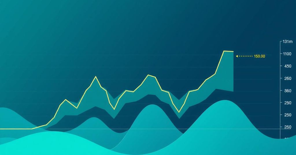 A digital artwork depicting a fluctuating Bitcoin price graph with a calm blue and green colour scheme.