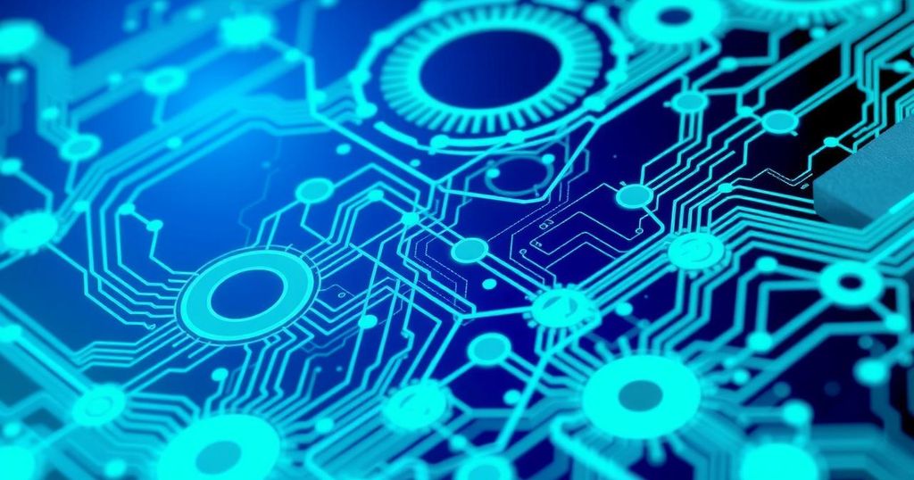 A visual representation of blockchain technology featuring abstract circuits and vibrant blue and green tones.