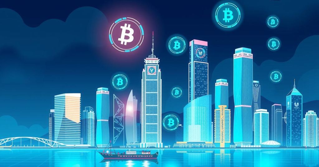 A modern city skyline with high-tech buildings and digital asset symbols, showing Hong Kong's ambition as a crypto hub.