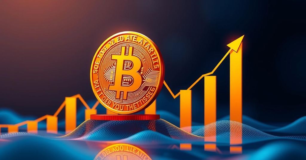 A digital illustration of Bitcoin with a backdrop of market graphs, symbolizing resilience amid global tensions.