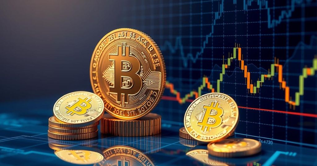 Conceptual illustration of a bitcoin ETF with digital currency elements and stock market graphics in modern style.