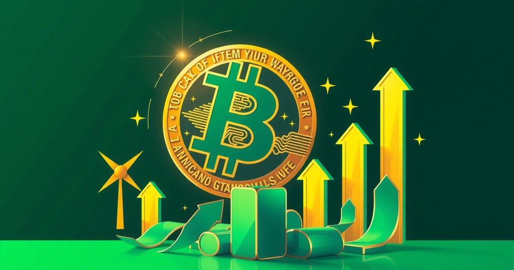 A graphical representation of ascending Bitcoin value with green and gold hues, showcasing economic growth themes.