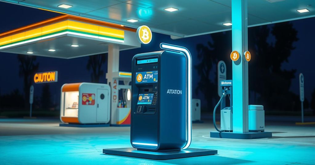 A Bitcoin ATM at a gas station, depicting digital currency and security measures in a crypto environment.