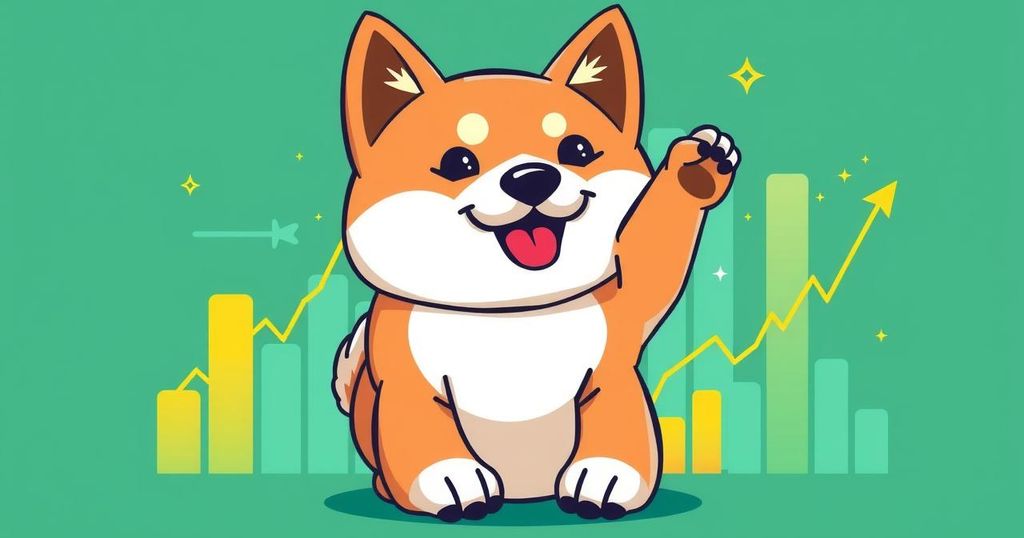A Shiba Inu illustration in vibrant colours, set against a financial chart representing market trends.