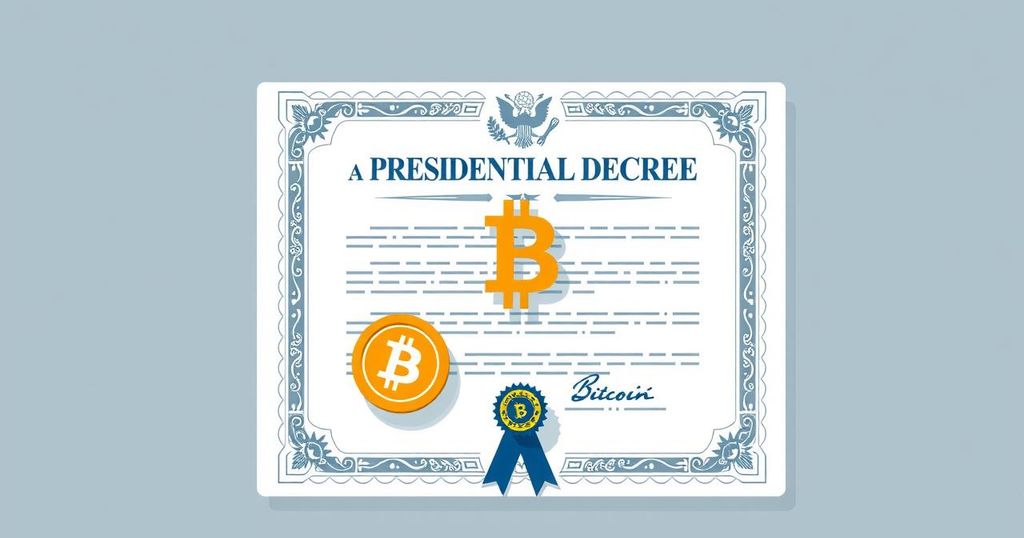 A stylized presidential decree featuring Bitcoin symbols, with a digitally crafted design and neutral colour scheme.