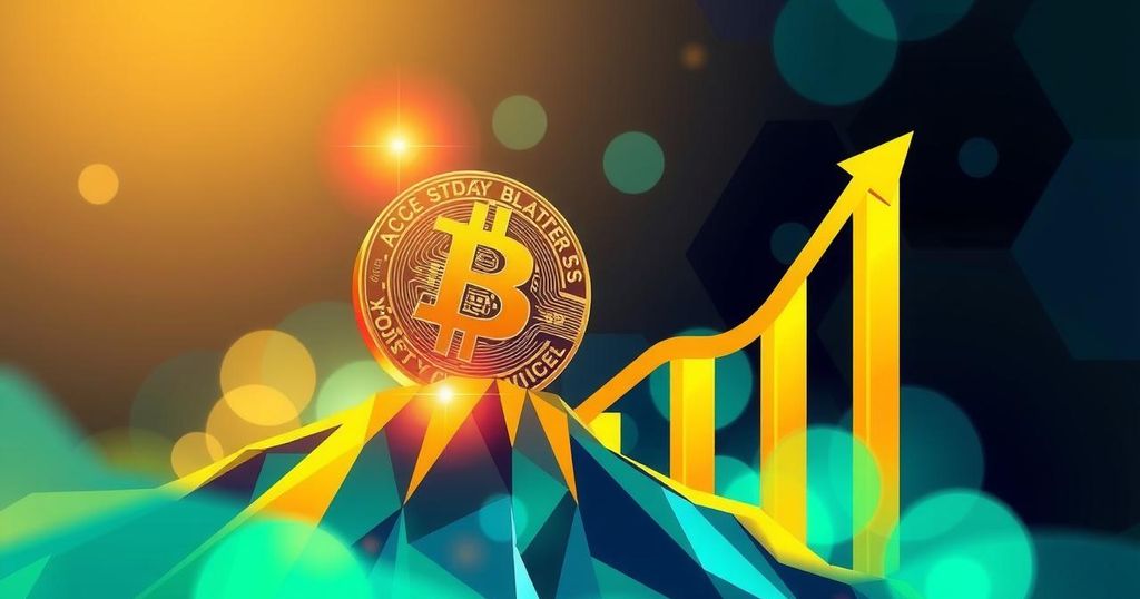 An abstract digital illustration of a Bitcoin symbol emerging from a bullish market trend with vibrant colour tones.