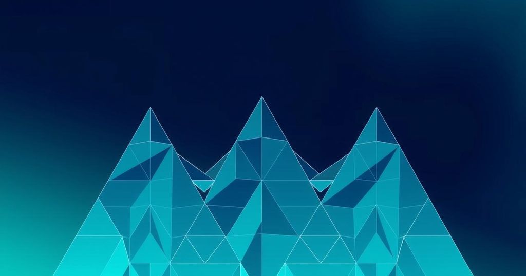Abstract triangular patterns representing cryptocurrency trends with a gradient colour scheme of blue and green.