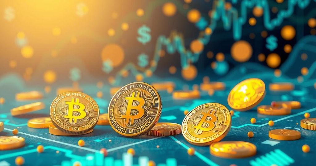 A vibrant digital illustration of Bitcoin coins amidst abstract financial symbols, showcasing a modern crypto landscape.