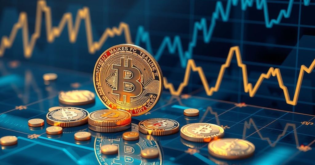 A digital abstract of Bitcoin symbol, coins, and fluctuating graph lines in a blue and gold colour scheme, showcasing market volatility.