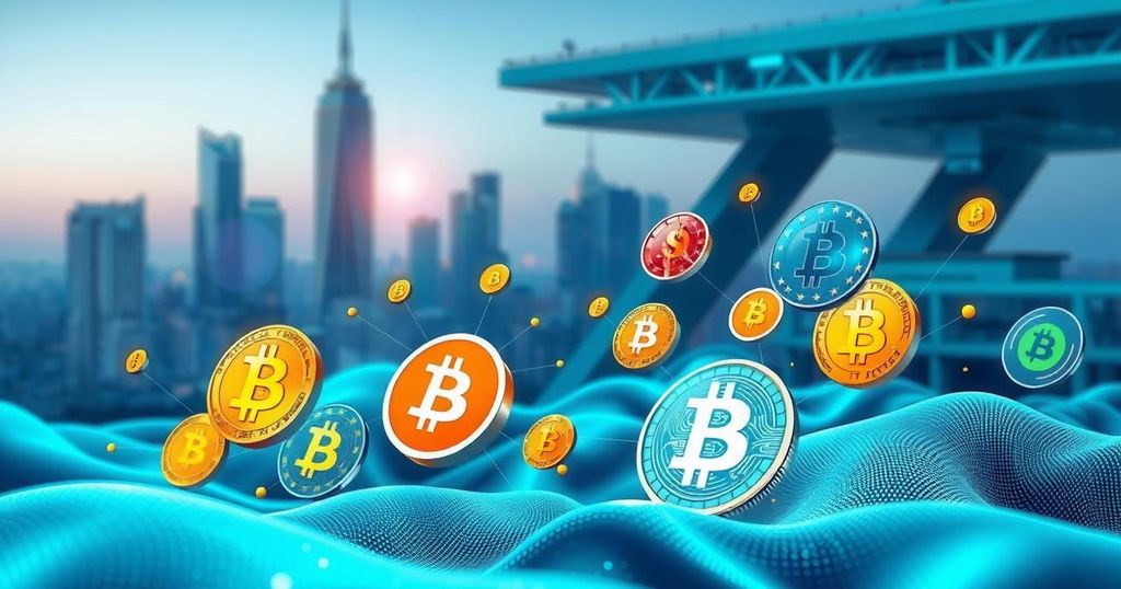 A digital landscape featuring cryptocurrency symbols, a futuristic city skyline, and vibrant colours symbolising growth.