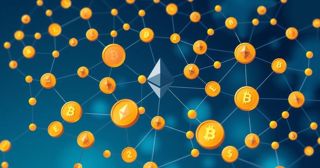 A vibrant digital representation of a blockchain network with ETH tokens, in a modern abstract style with blue and gold hues.