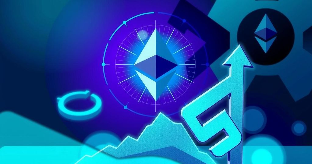 A digital illustration of Ethereum's logo with a rising graph on a tech-themed background, in vibrant blue and green hues.