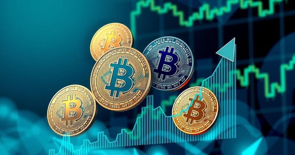 A digital representation of Bitcoin symbols and trends in a modern financial chart style with a blue and green colour scheme.
