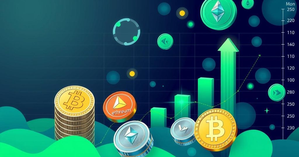 A vibrant graph illustrates the rise of cryptocurrencies with coins and charts, depicting bullish market trends and support levels.