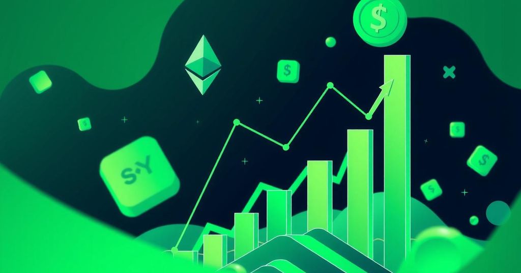 A digital illustration of a bullish market trend for Ethereum, with upward graphs and vibrant green colour scheme.