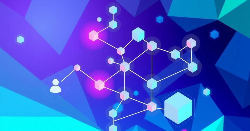 A digital representation of a blockchain network symbolizing growth and community engagement. Colourful abstract design.