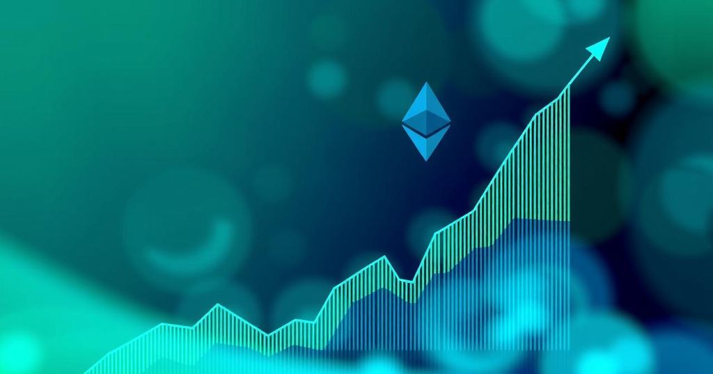 Graph of Ethereum price surge with bullish patterns and rising trade volume, featuring green and blue gradients.