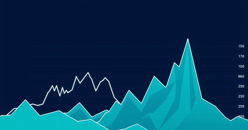 A cryptocurrency market graph showing a downward trend in a blue-green colour scheme reflecting bearish sentiments.