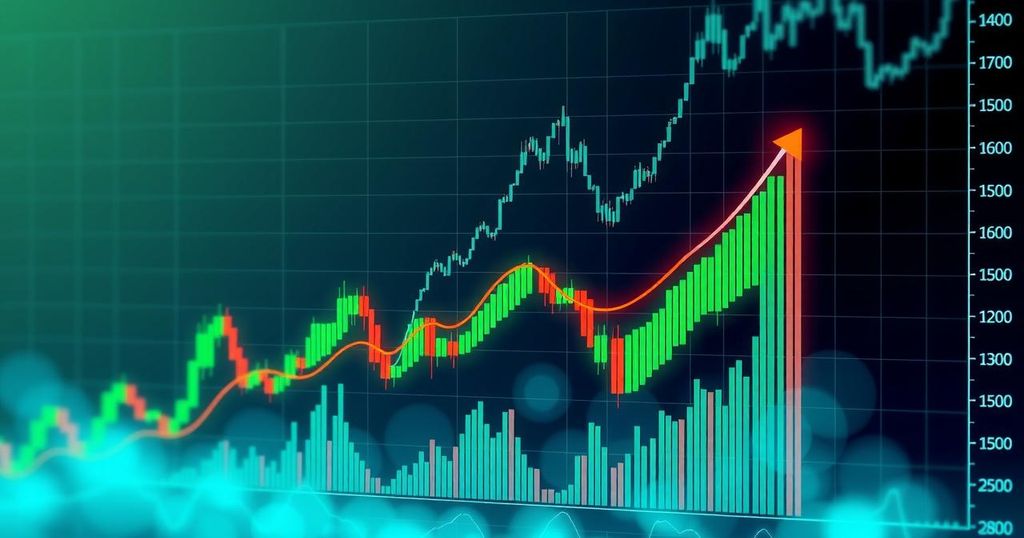 A vibrant, bullish cryptocurrency market chart depicting Ethereum's potential price surge, featuring colourful trend lines.