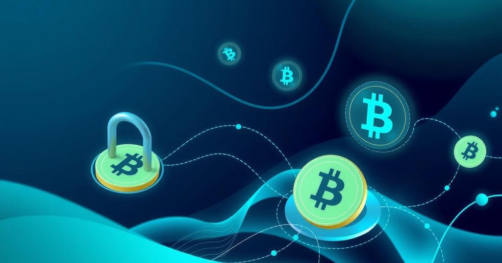 A digital representation of Bitcoin integration in finance, showcasing secure asset flows in a modern design.
